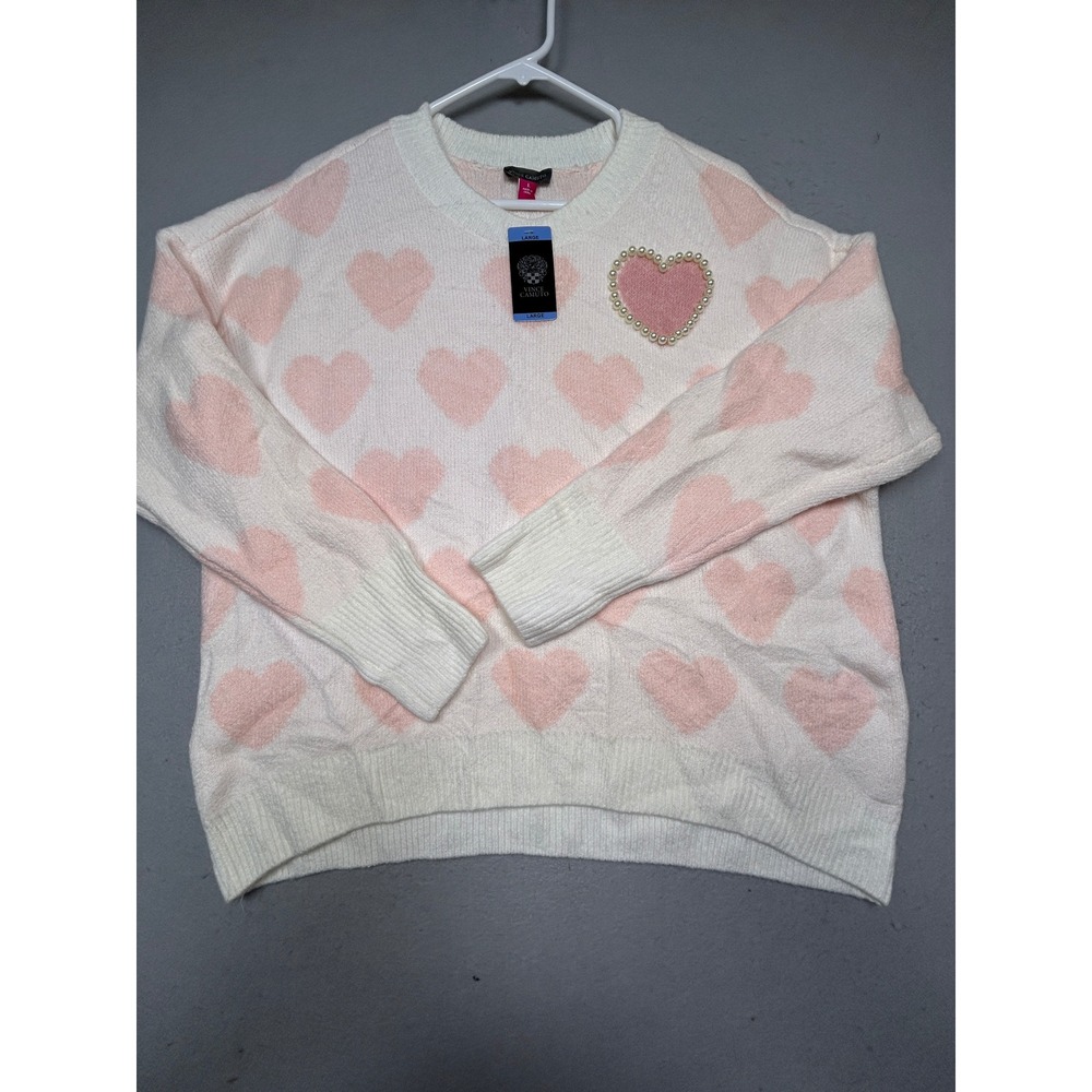 Vince Camuto Sweater Knit Pink Heart Pearl Cream Large Womens